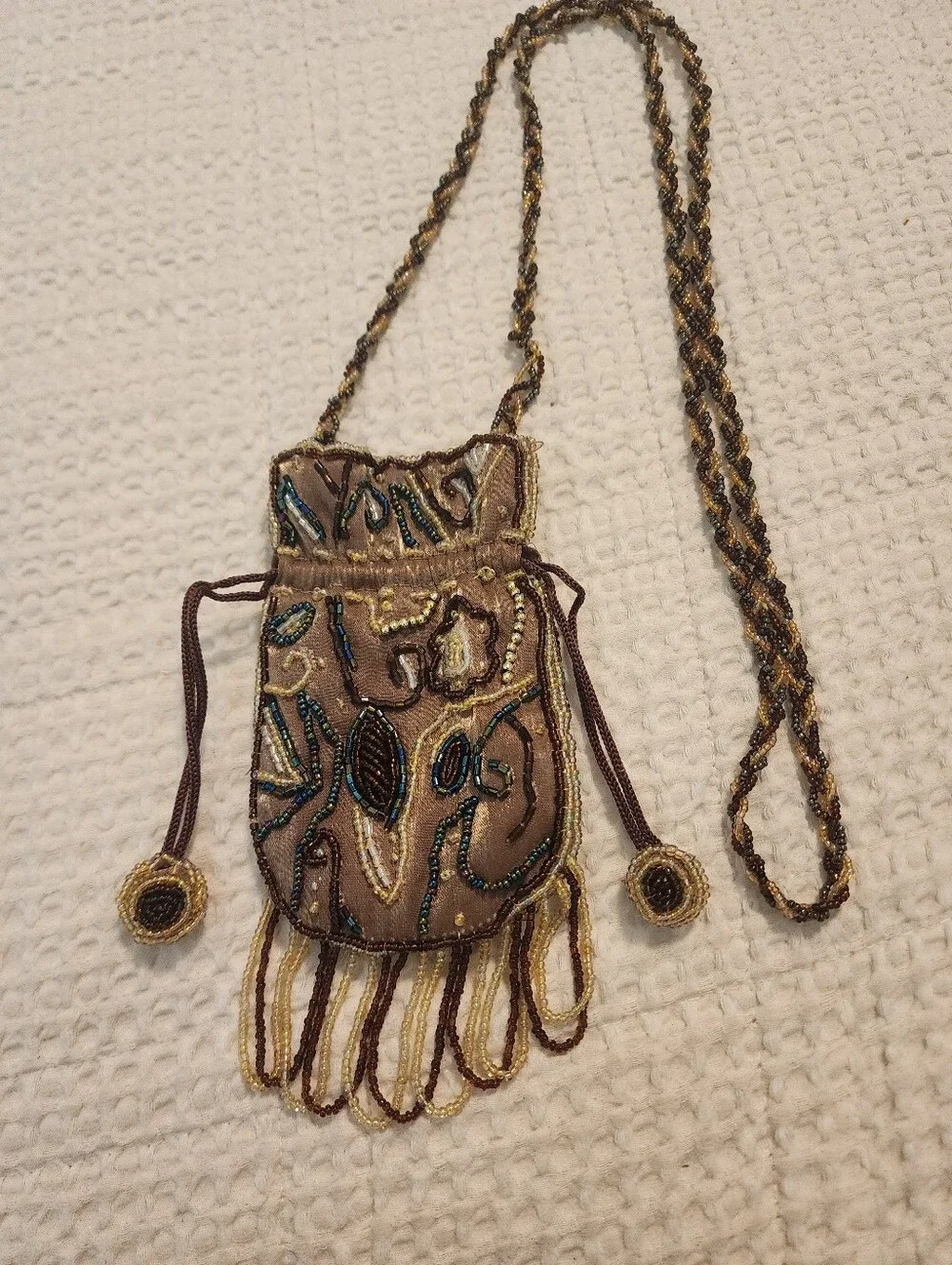 Bronze/Gold/Brown Seed Beaded Embellished Drawstring Bag Necklace/Shoulder Bag
